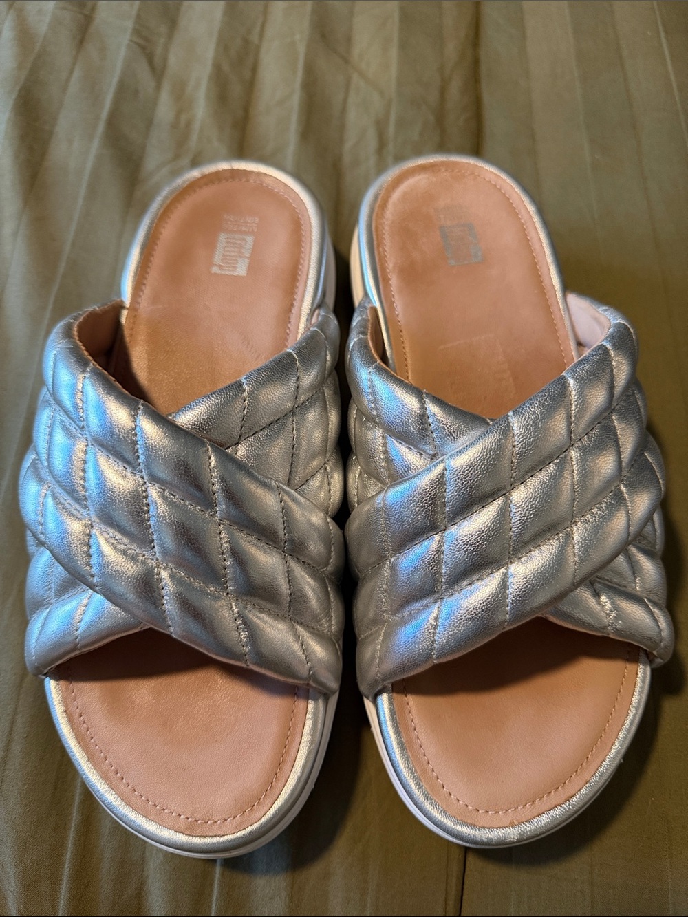 Fitflop Quilted Metallic Silver Slide Sandals